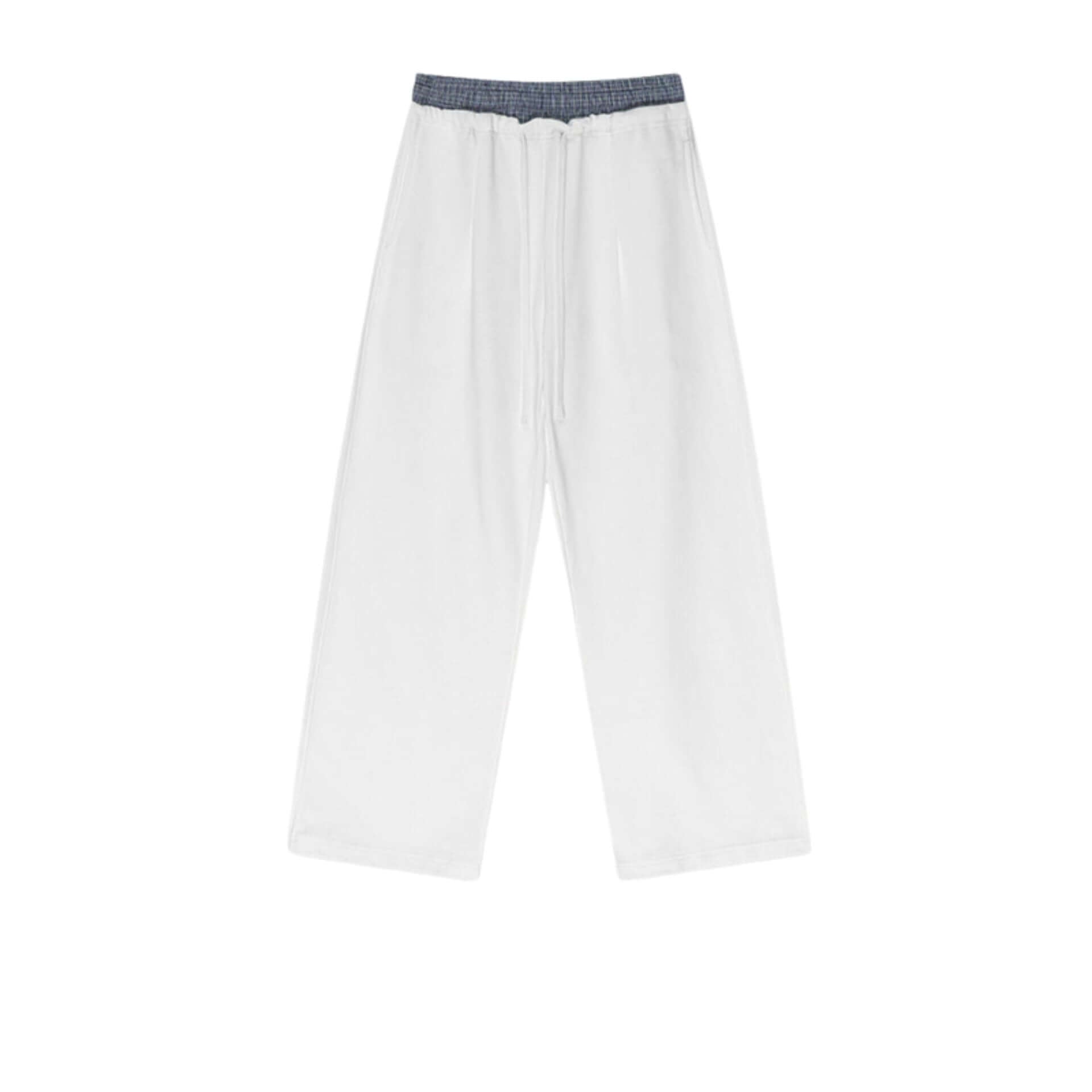 White wide-leg sweatpants with an elastic waistband and drawstring, displayed on a textured background.