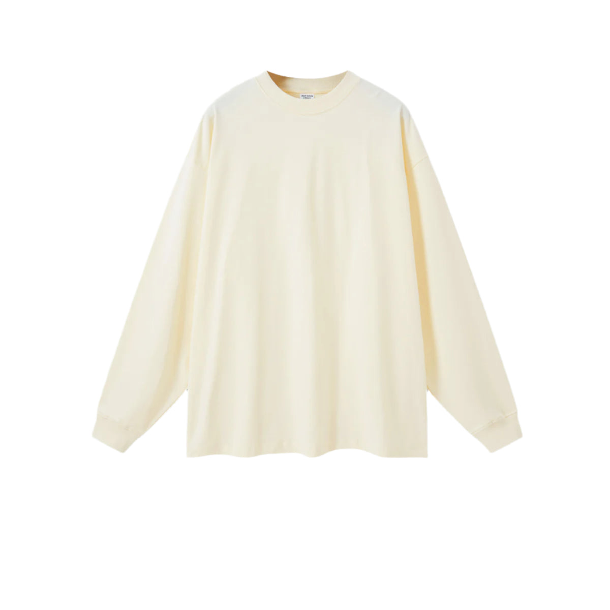 Cream oversized sweatshirt with crew neck and dropped shoulders on plain background