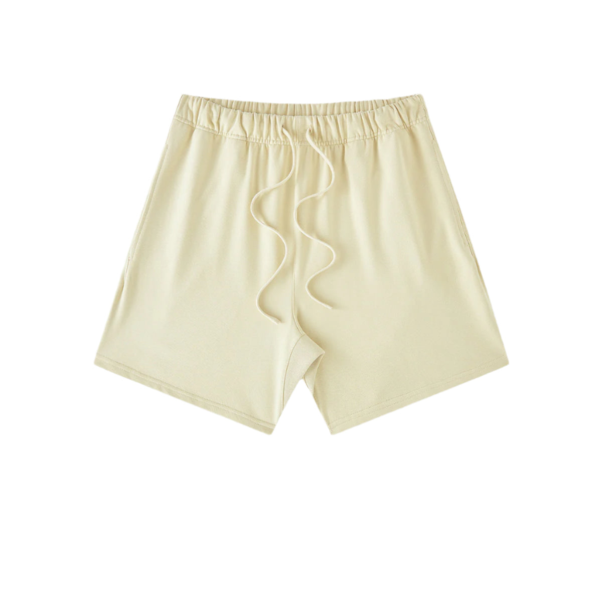 A cream/ivory pair of shorts with elastic waistband and drawstring displayed on a white background
