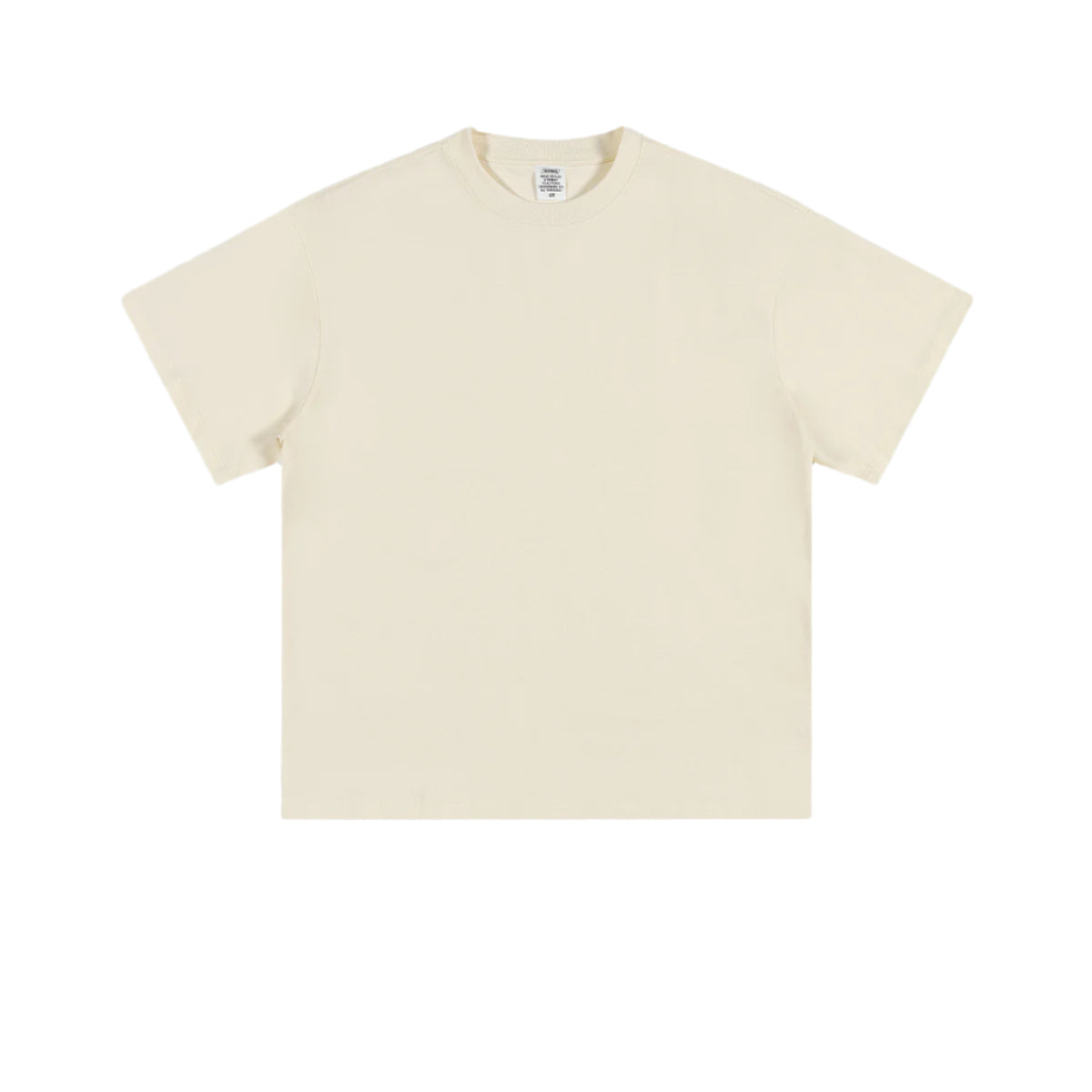 Cream colored basic t-shirt with crew neck and short sleeves, displayed flat against white background