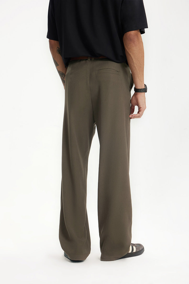 Back view of dark brown mens dress pants showing relaxed straight fit