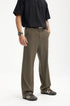 Side view of dark brown mens dress pants showing relaxed straight fit