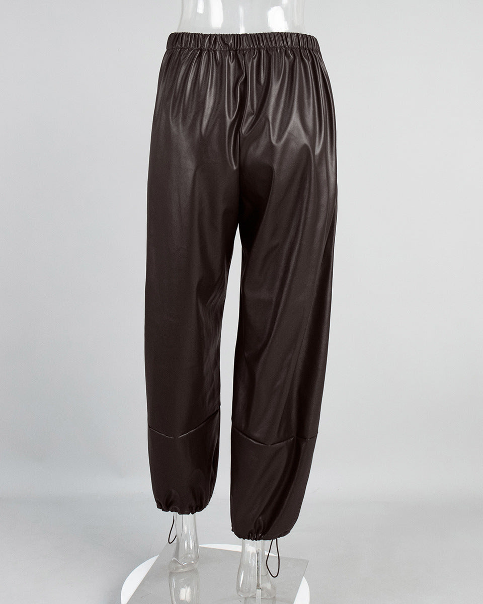 Dark brown PU pants back view