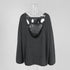 Back view of dark gray backless knit sweater with scoop open back