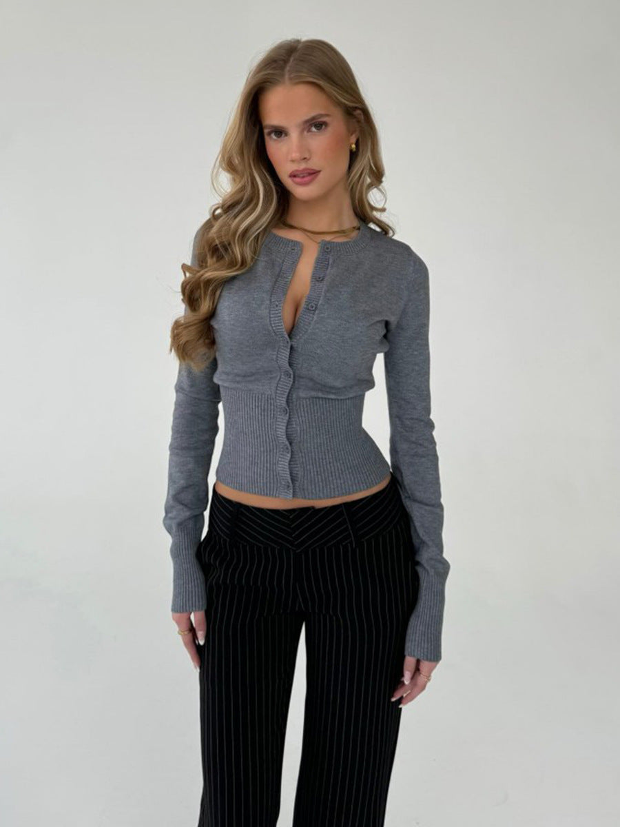 Dark gray knit cardigan sweater front view slim fit