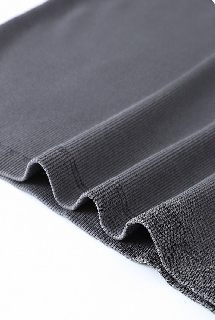 Hem finish and rib waves on dark gray long sleeve bodycon dress