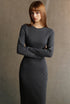 Long sleeve bodycon dress, dark gray ribbed knit, three-quarter portrait