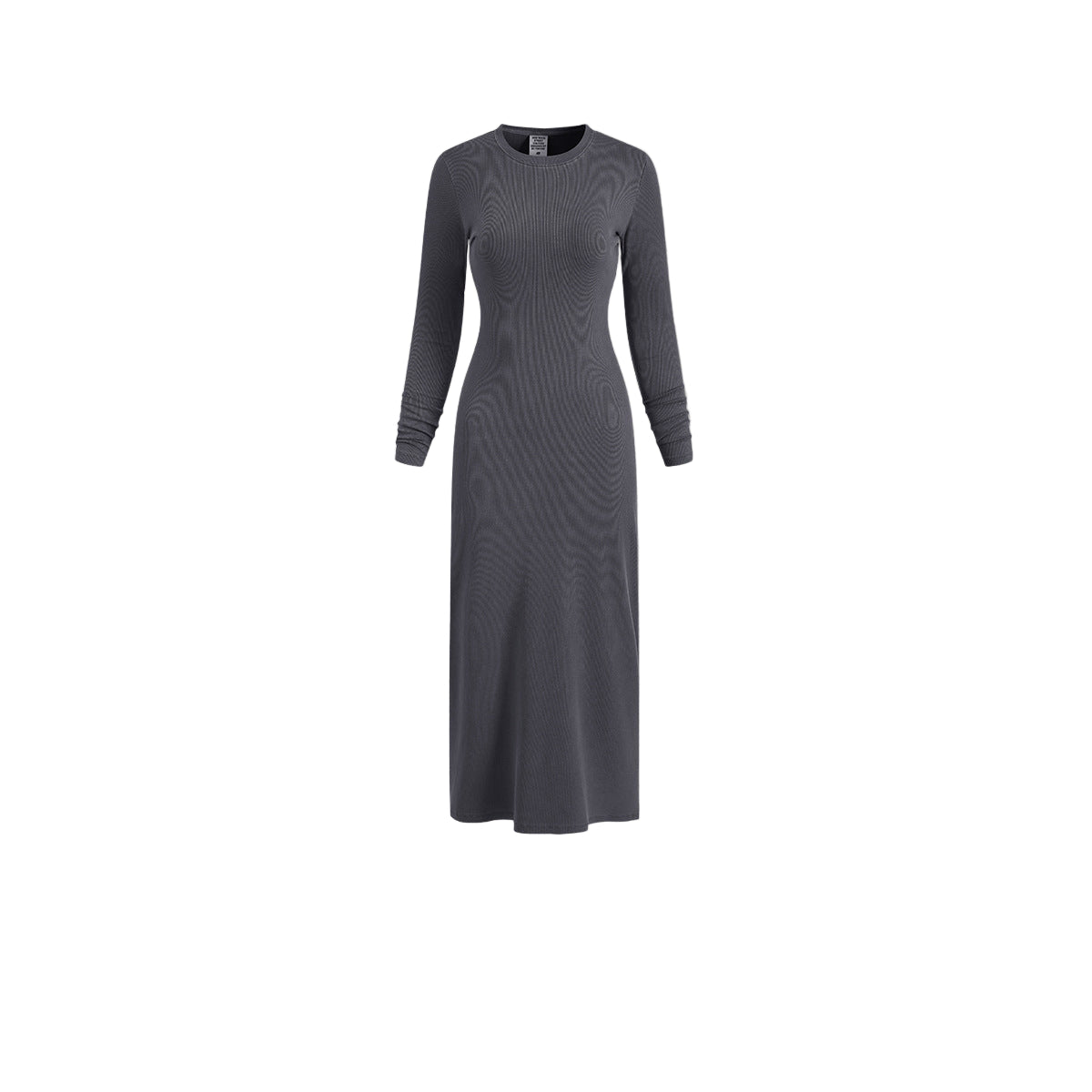 Dark gray long sleeve bodycon dress, ribbed knit maxi, front view