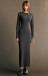 Dark gray long sleeve bodycon dress for women, ribbed knit maxi, front view