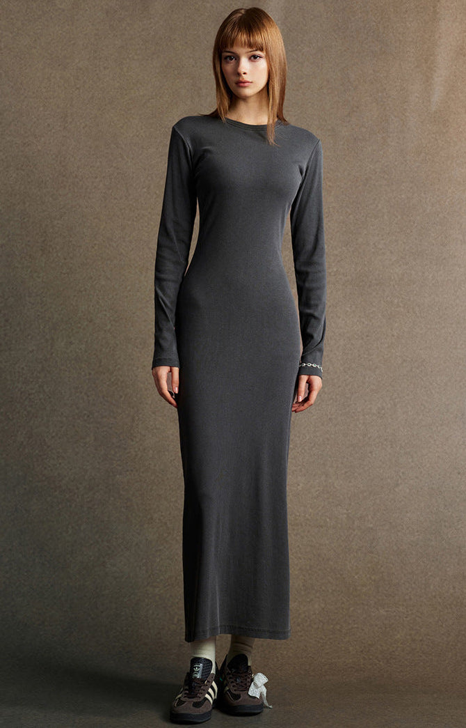 Dark gray long sleeve bodycon dress for women, ribbed knit maxi, front view