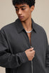 Dark gray polo zip up, collar and zipper close-up