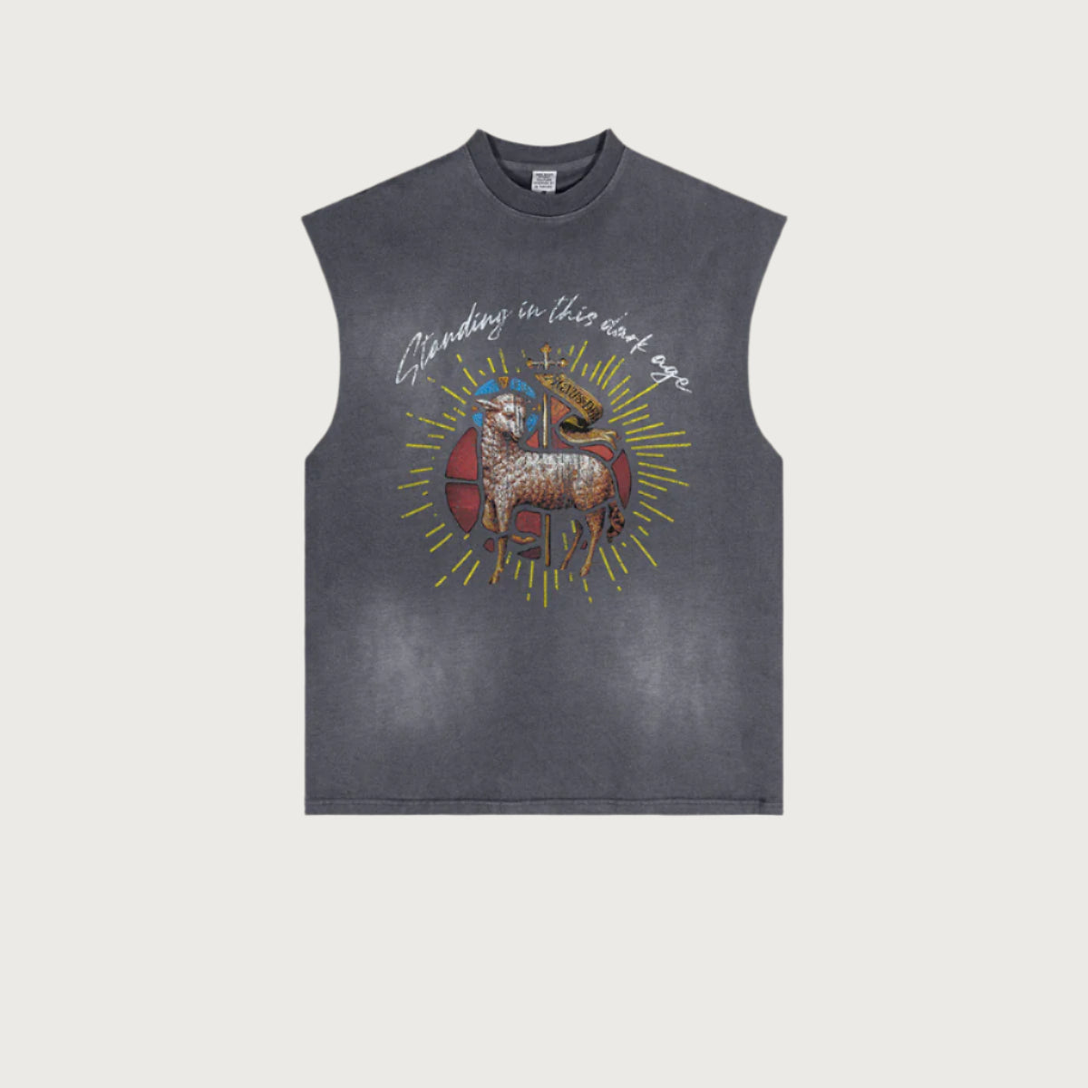 Dark gray sleeveless tee with vintage ram print and handwritten quote