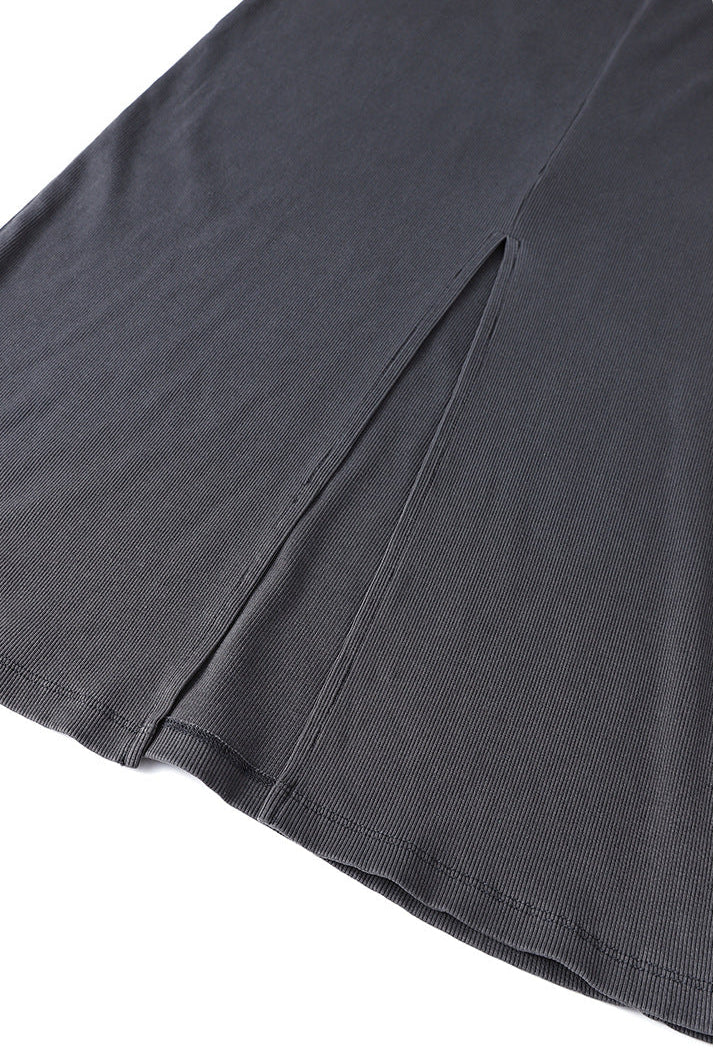 Side slit hem detail on dark gray ribbed long sleeve bodycon dress