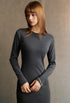 Dark gray ribbed long sleeve bodycon dress, waist shaping close-up portrait