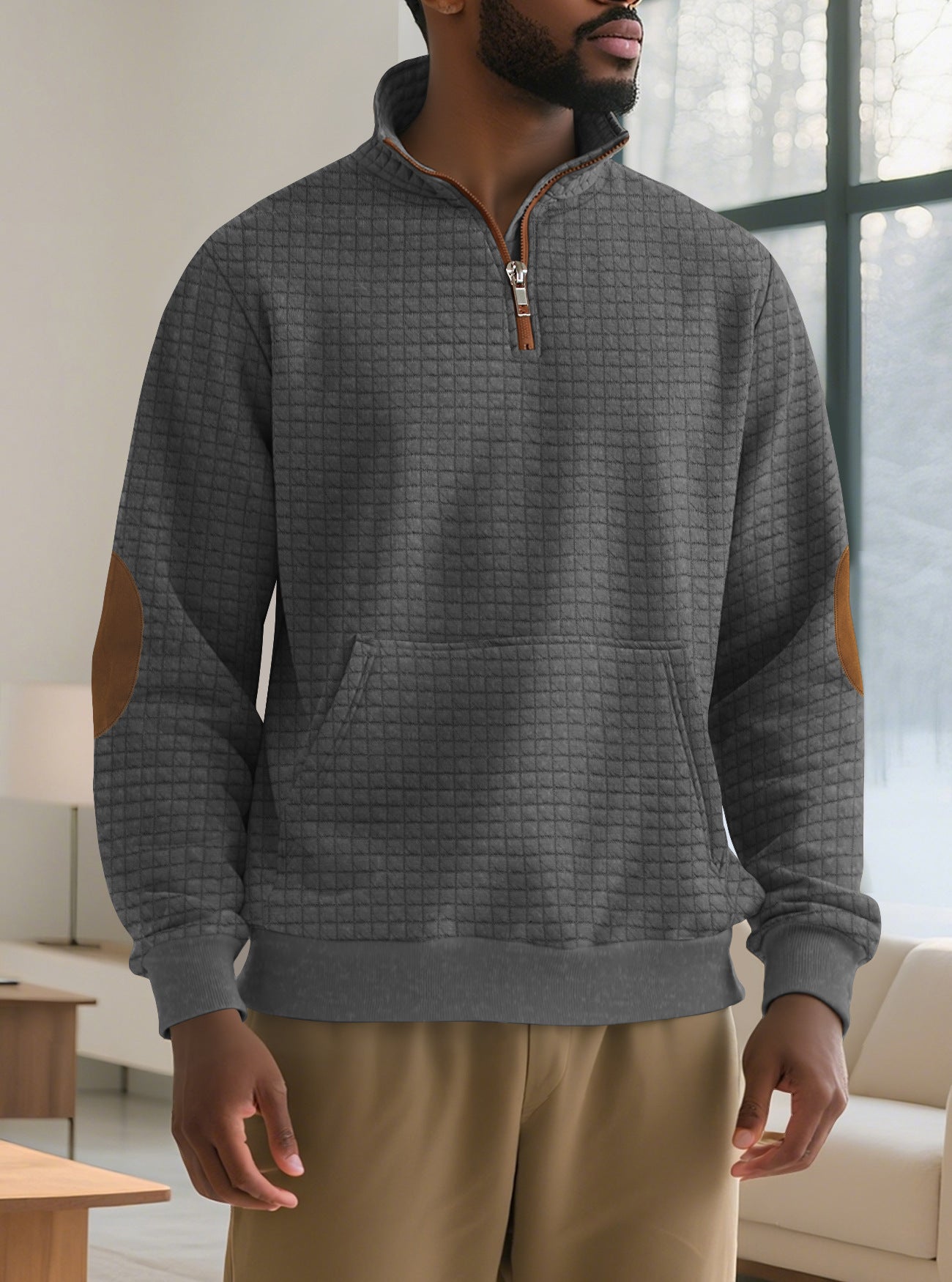 dark gray sweatshirt with zip for men indoor front shot