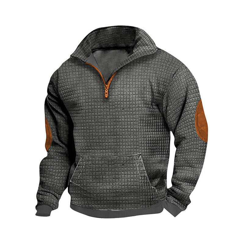 dark gray sweatshirt with zip for men featuring suede elbow patches
