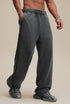 Dark gray wide leg sweatpants, stacked hem, side panel detail