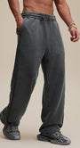 Dark gray wide leg sweatpants, stacked hem, side panel detail