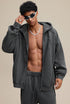 Dark gray zip hoodie, relaxed stance, front zip fully open
