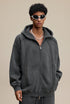 Dark gray zip hoodie hood-up look, fleece lining at edge visible