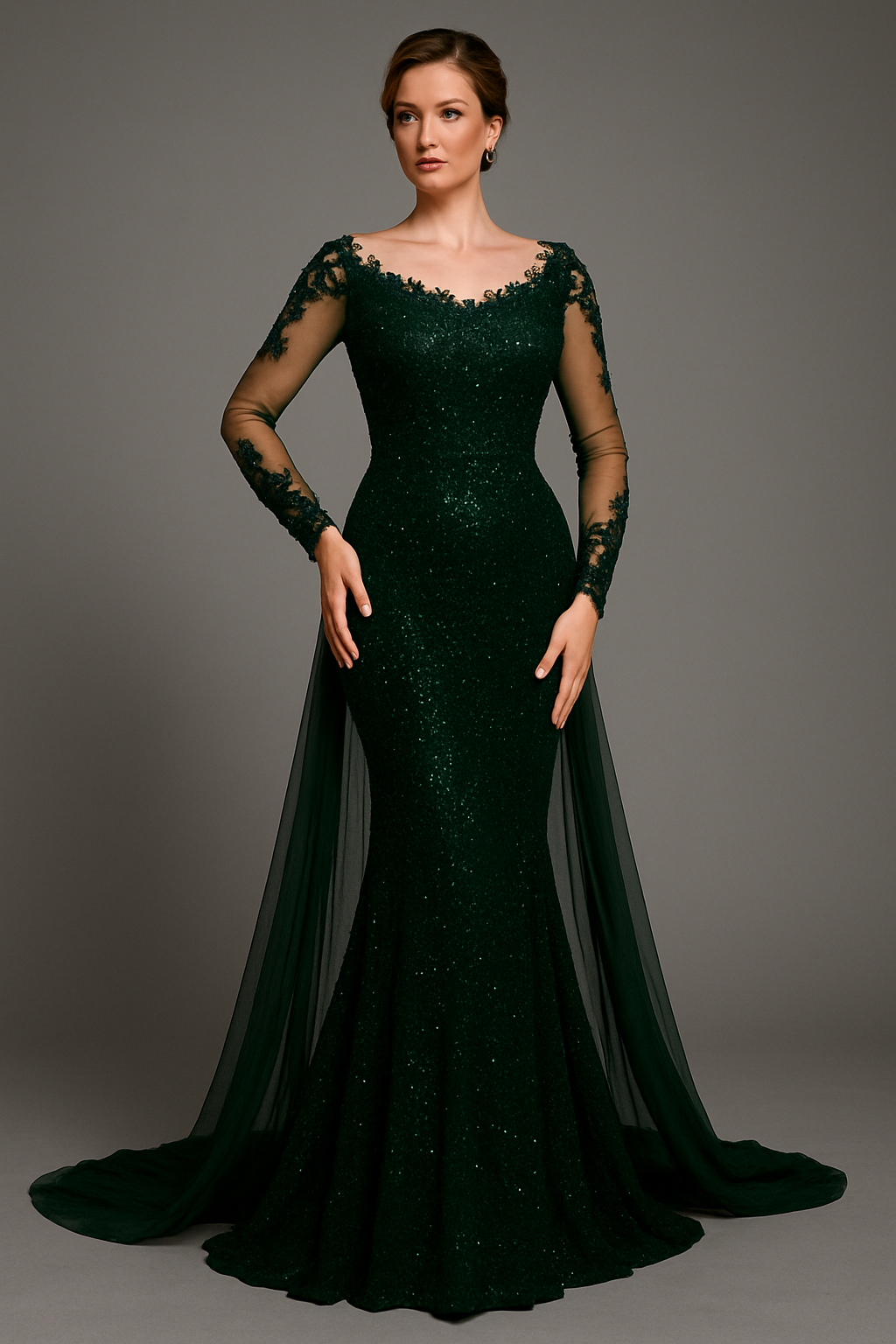 Woman wearing dark green evening gown with sheer sleeves against a gray background