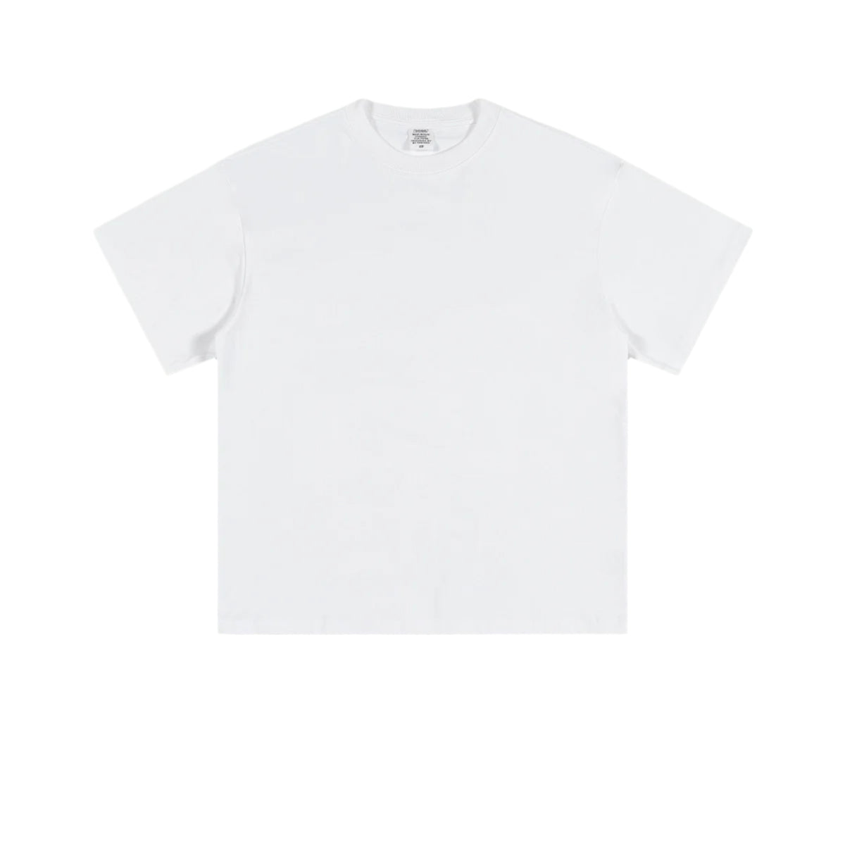 White basic crew neck t-shirt with short sleeves and standard fit, shown flat on white background