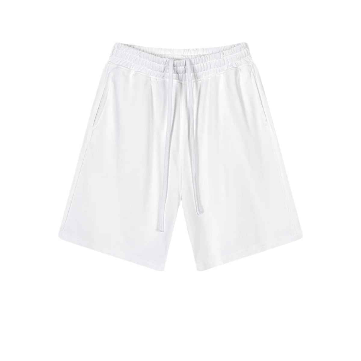 Pure white cotton shorts with elastic waistband and matching drawstring ties, displaying a relaxed fit and side pockets against white background