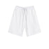 Pure white cotton shorts with elastic waistband and matching drawstring ties, displaying a relaxed fit and side pockets against white background