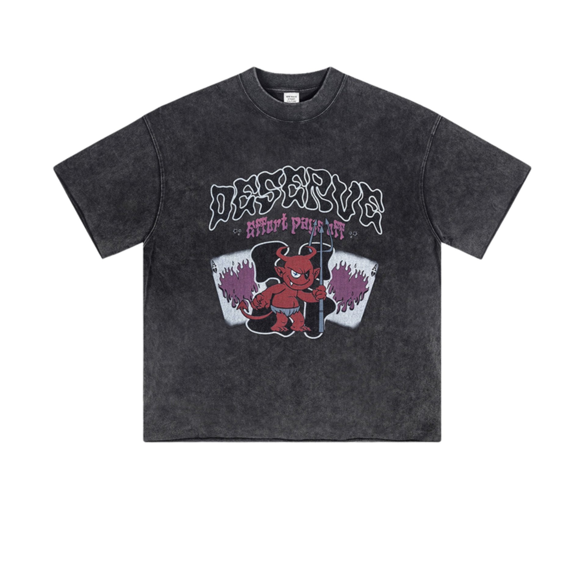 Flat lay of washed black "Deserve" devil graphic tee with flame cards.