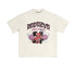 Flat lay of off-white "Deserve" devil graphic tee with flame cards.