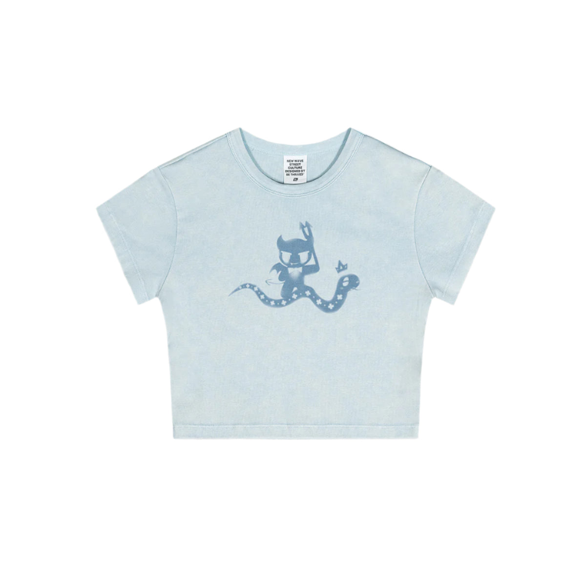 Flat lay of a light blue cropped t-shirt with a blue devil girl and snake graphic