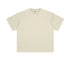 Flat product shot of plain cream-colored oversized t-shirt with crew neck and dropped shoulders against white background