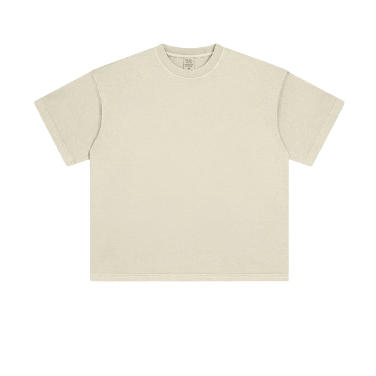 Flat product shot of plain cream-colored oversized t-shirt with crew neck and dropped shoulders against white background