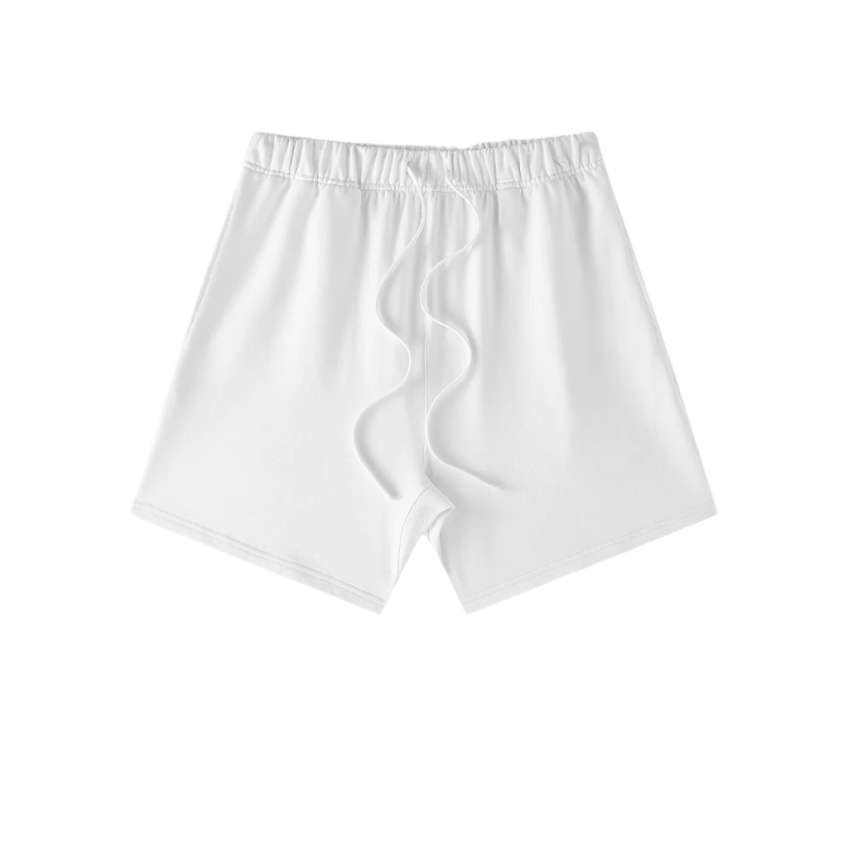 Pure white elastic waist shorts with drawstring displayed flat against light gray background