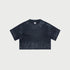 Dark gray cropped t-shirt with cityscape design at bottom hem displayed flat against white background