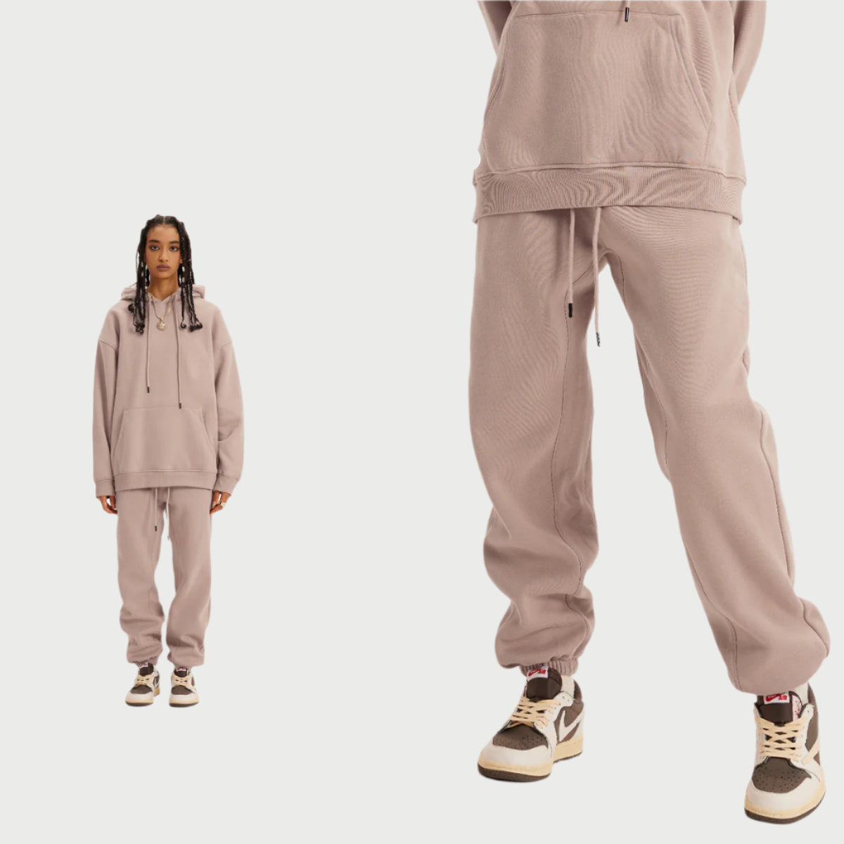 Model with braided hair wearing a pale pink sweatsuit with hoodie and joggers, accessorized with brown and cream Nike sneakers against white background
