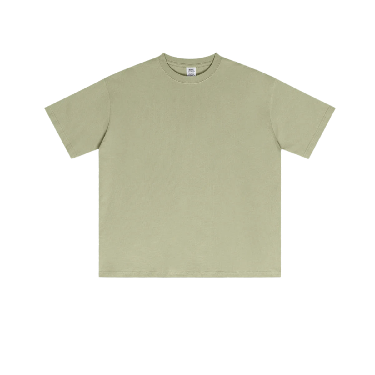 Sage green oversized t-shirt with classic crew neck, short sleeves and relaxed fit, featuring clean lines and minimalist styling