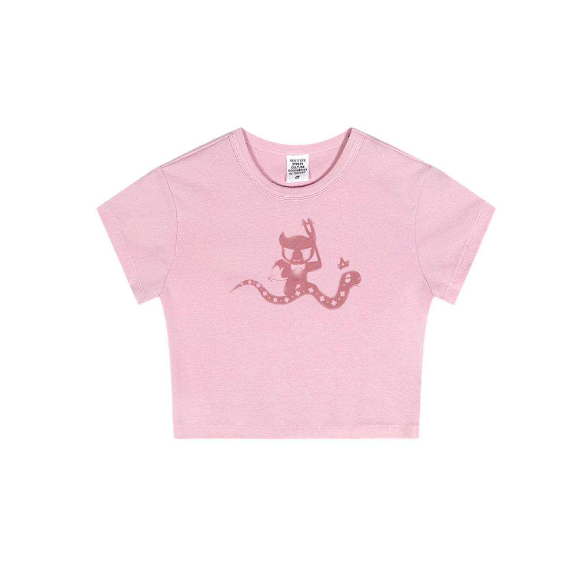 Flat lay of a pink cropped t-shirt with a pink devil girl and snake graphic