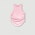 Pink sleeveless top with gathered sides and round neckline, flat product shot