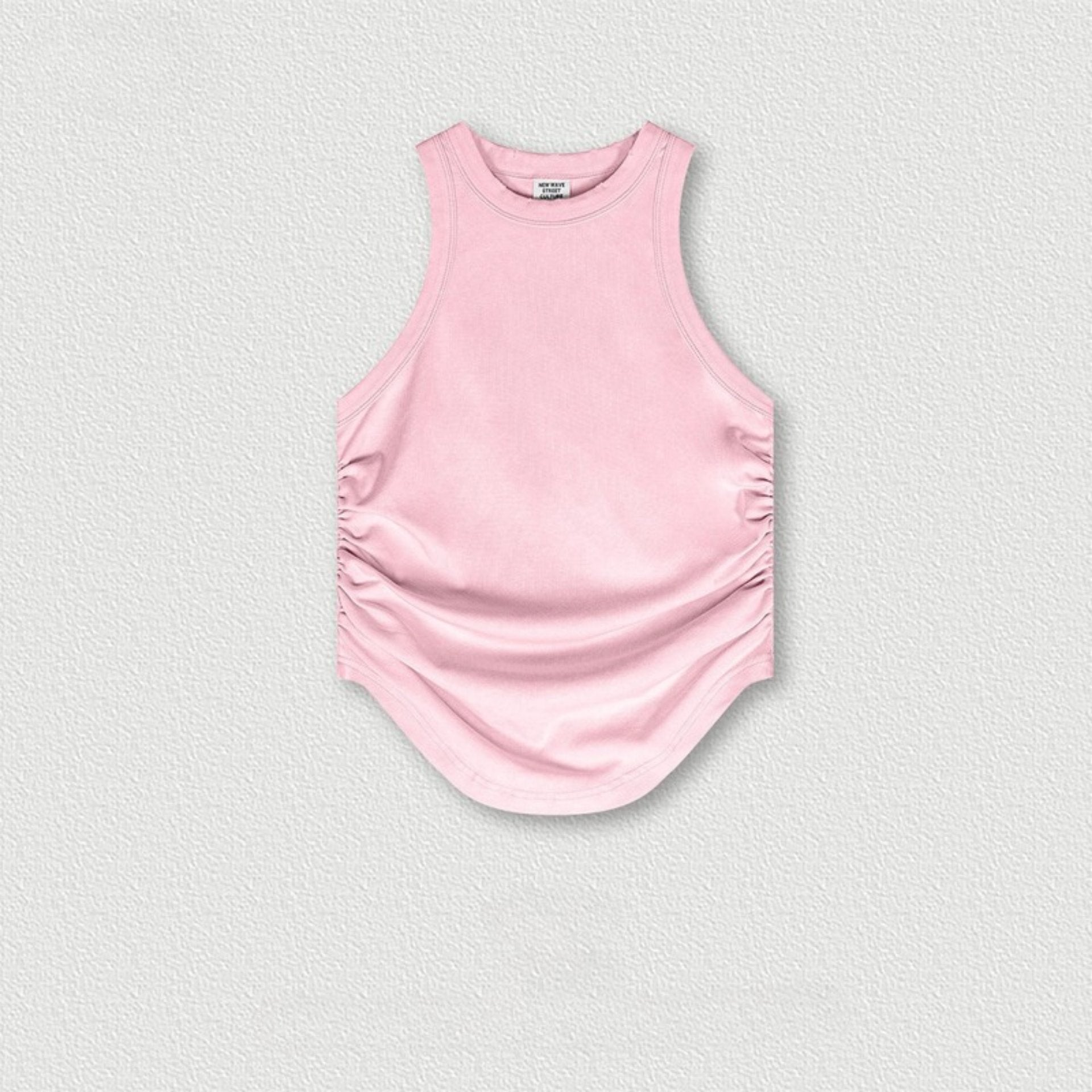 Pink sleeveless top with gathered sides and round neckline, flat product shot