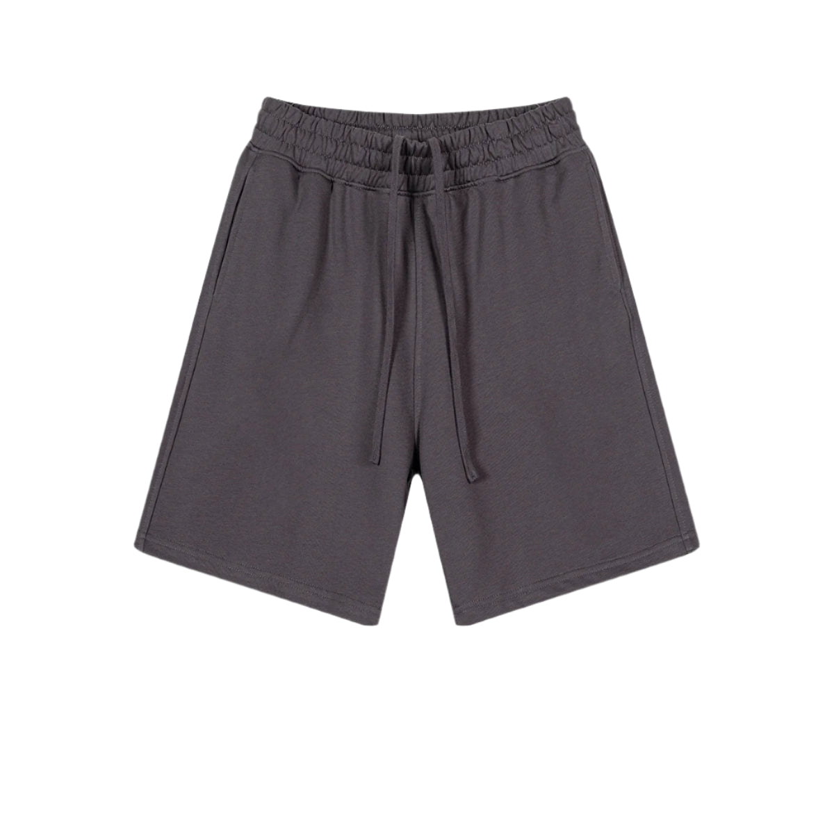Charcoal gray cotton shorts with elastic waistband and drawstring ties, featuring a relaxed fit and clean minimal design against white background