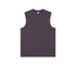 Plum/dark mauve sleeveless muscle tee with crew neck displayed flat on white background