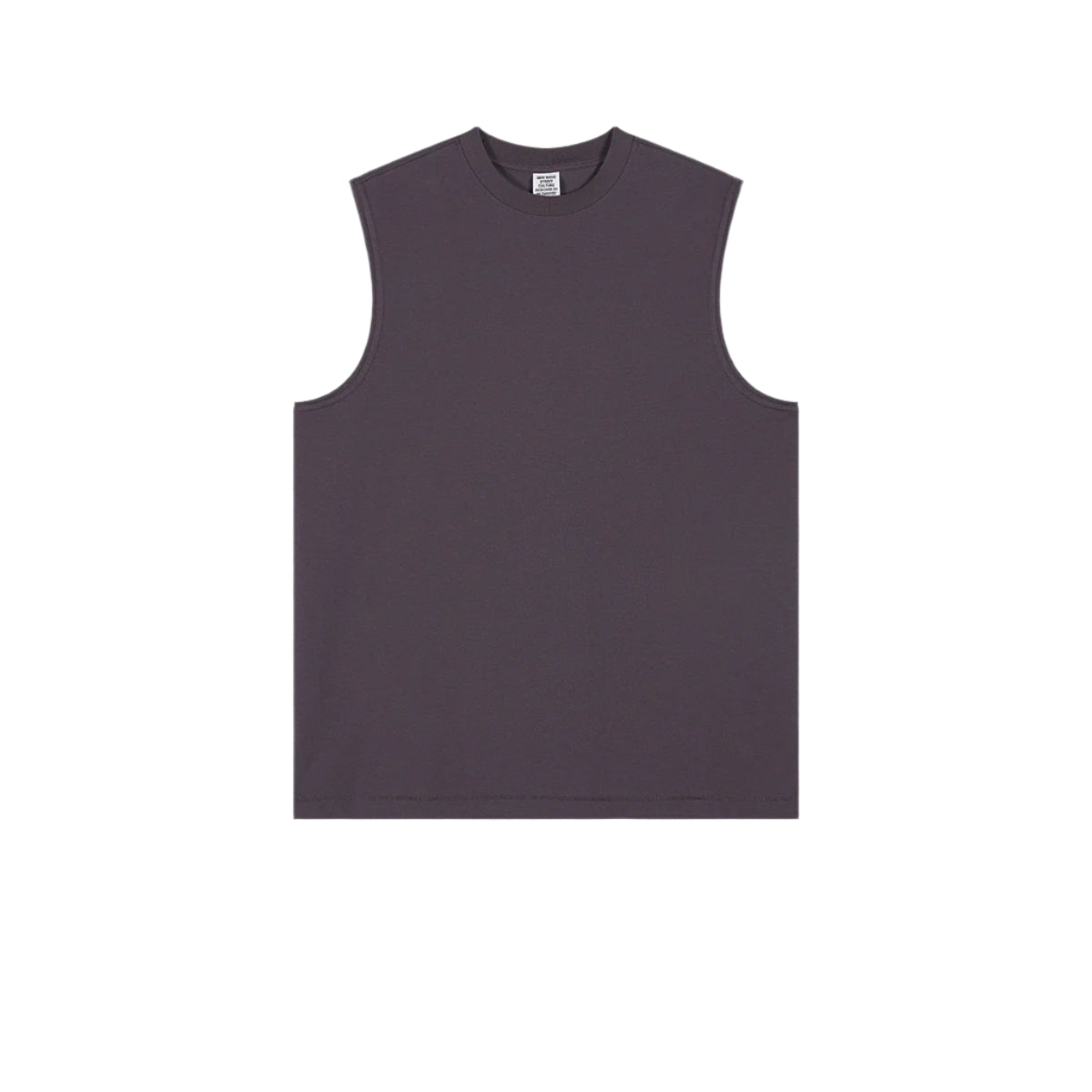 Plum/dark mauve sleeveless muscle tee with crew neck displayed flat on white background