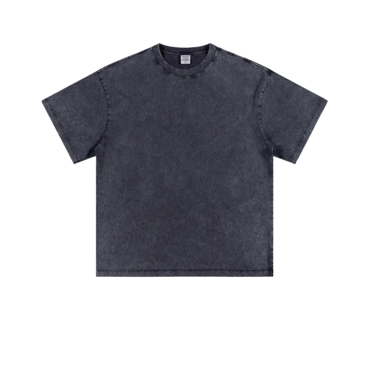 Product shot of charcoal acid-washed oversized t-shirt with crew neck and short sleeves on plain background