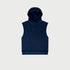 Navy blue sleeveless hoodie with hood detail and raglan seams displayed flat against light gray background