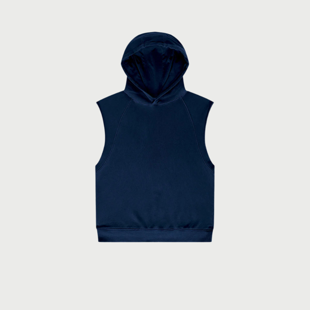 Navy blue sleeveless hoodie with hood detail and raglan seams displayed flat against light gray background