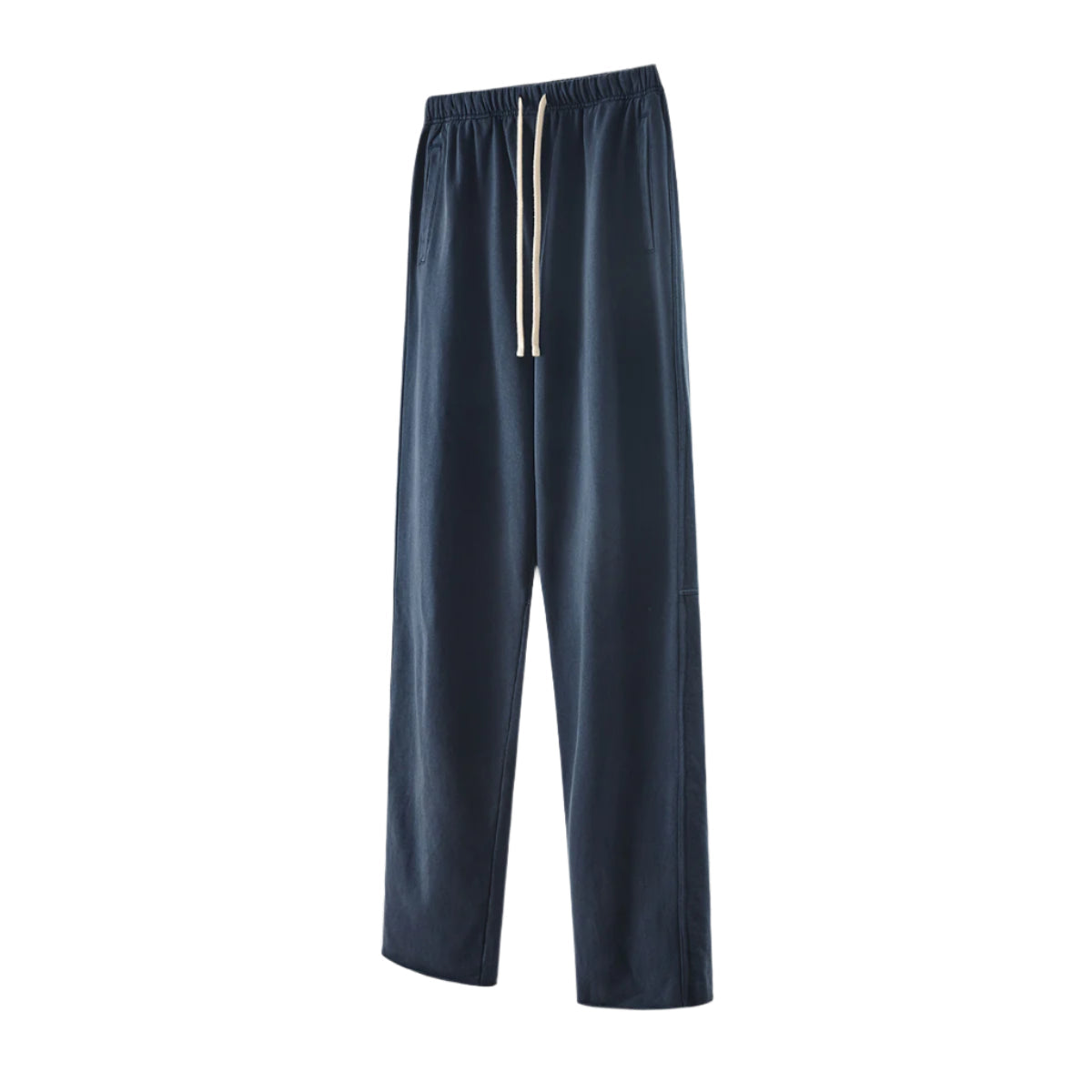 Navy blue sweatpants with elastic waistband and white drawstring cord, featuring side pockets and straight leg design