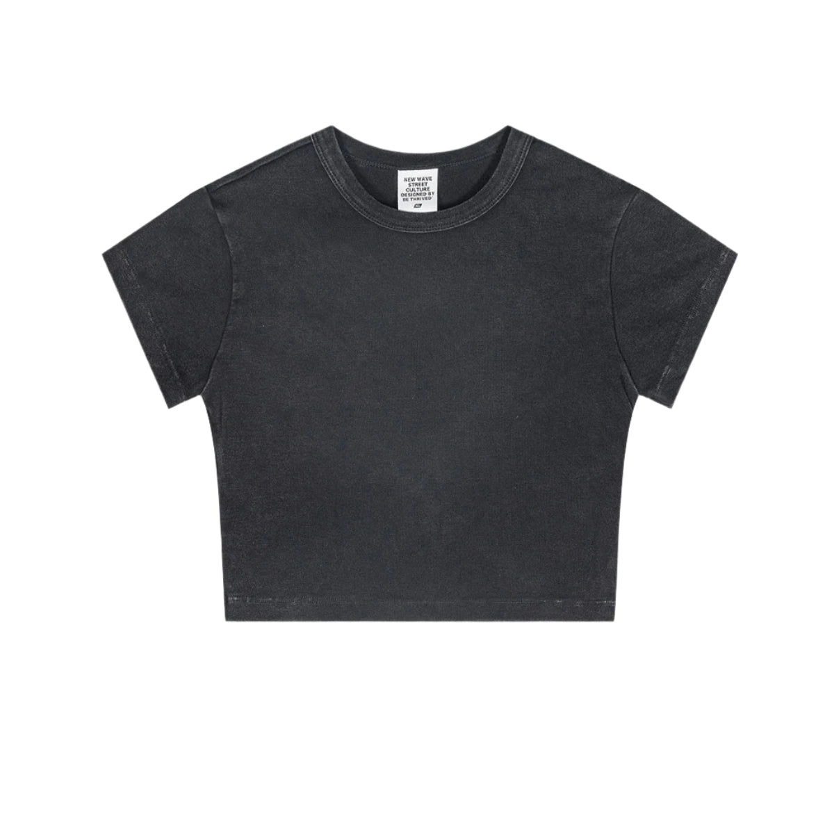 Flat-lay of a plain pastel black cropped tee with a washed texture and a relaxed fit