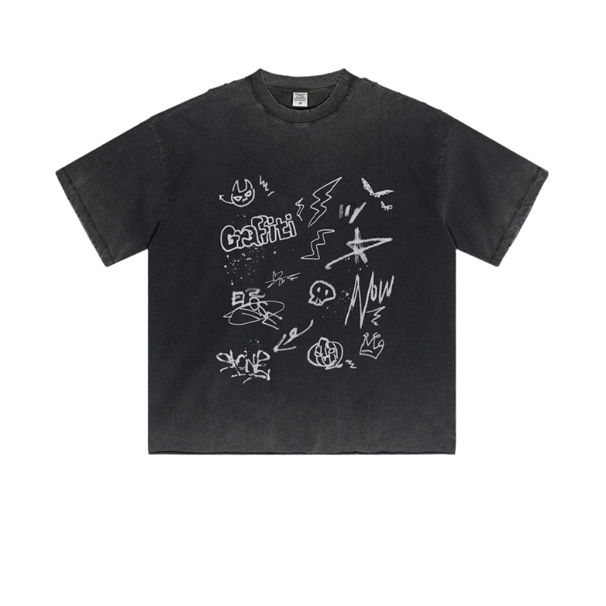 Flat lay of black graffiti-print oversized t-shirt with crew neck and dropped shoulders