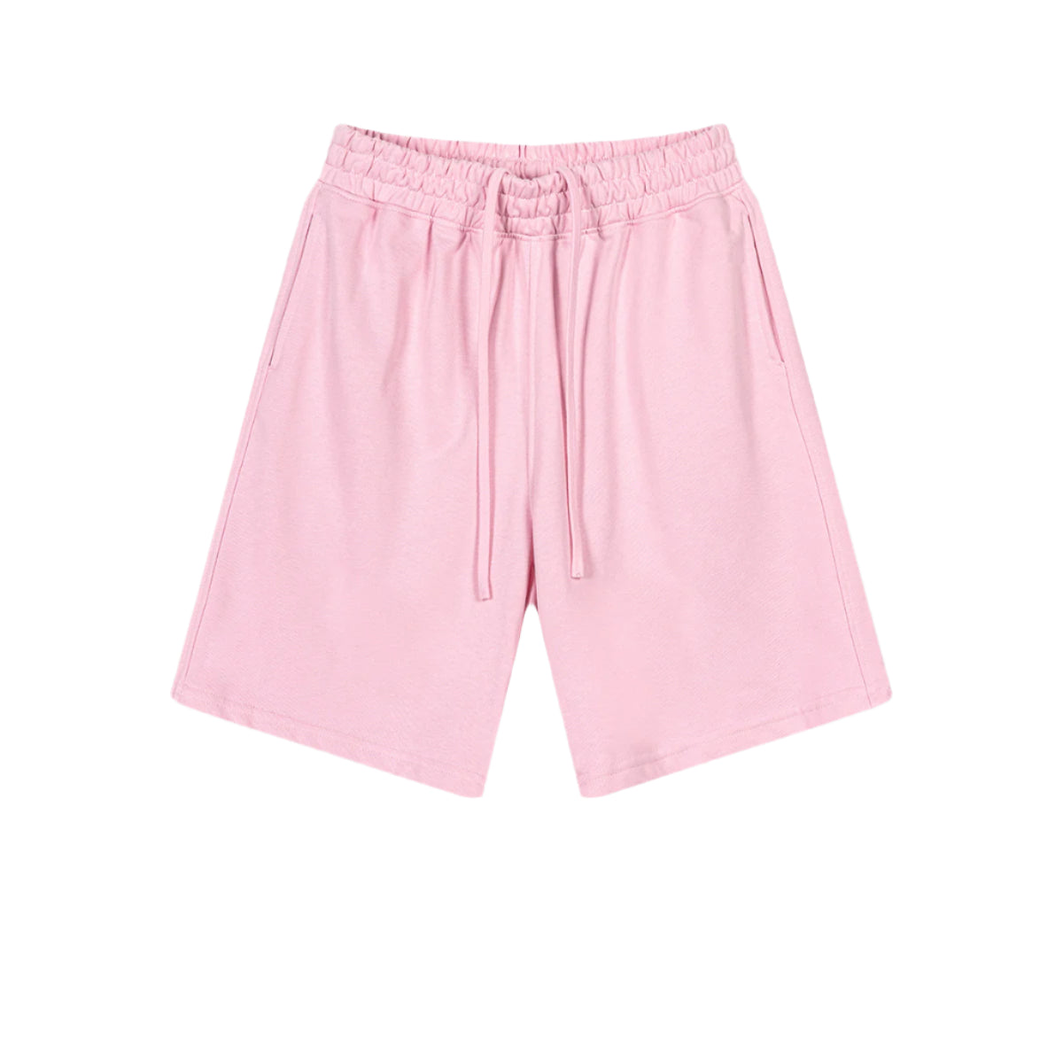 Soft pink cotton shorts with elastic waistband and matching drawstring ties, displayed against white background